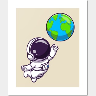 Cute Astronaut Floating With Earth World Cartoon Posters and Art